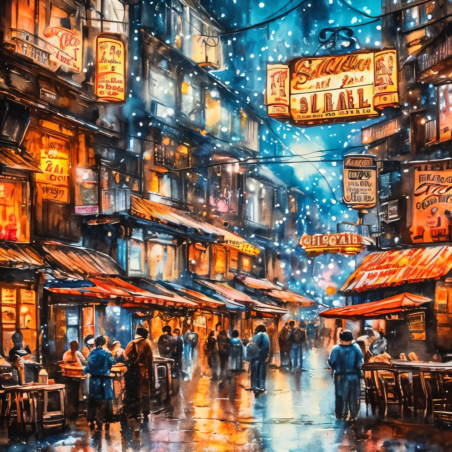  Detailed watercolor painting depicting a back alley bar district, Realistic, photoRealistic,  Intricate Details,  Vivid Colors, Warm lighting, atmosphere, Sulky, Rough, Neon Signs, Old Building, Narrow Street,  People Drinking and Socializing 々, Steam from the Vent , Wet Pavements ,  Vibrant Nightlife , Best Quality, 8k,  Hi-Res, masterpiece