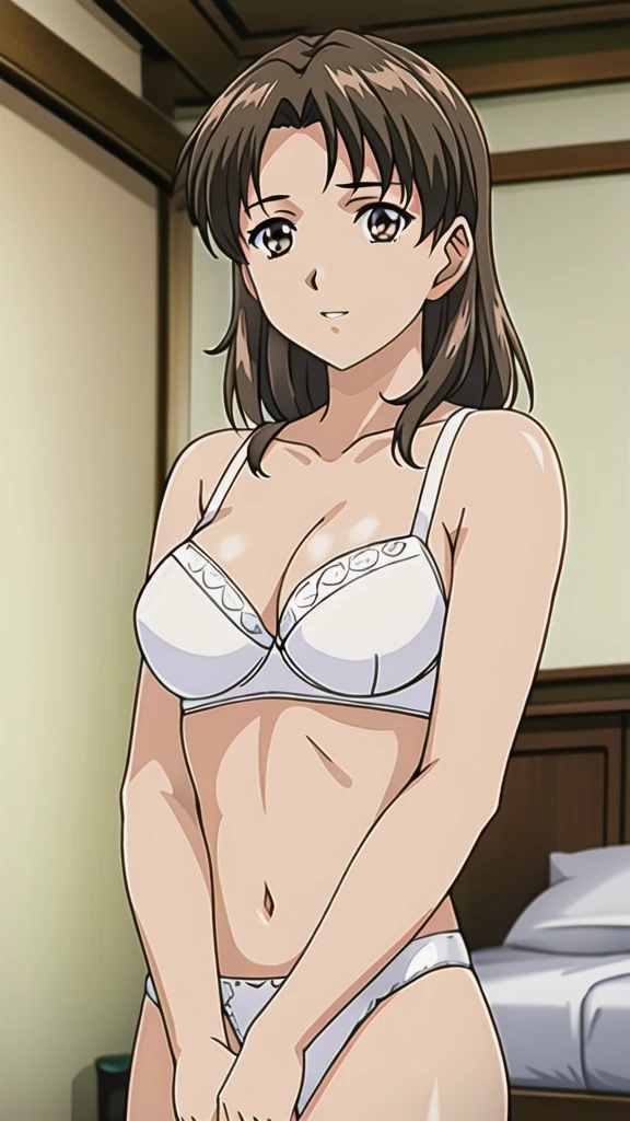 Brown Hair、Long Hair、、悲しいface、Brown Eyes 、 Full Body Style 、 normal breasts、、 narrow waist 、Bare legs、In underwear、、 upper body bra、 white bra、lower body panties ，White ribbon panties，White pumps、 official art, Extremely Fine CG Unity 8k Wallpaper, full light,  colorful , bright _ Front_face_Lighting,  shiny skin, ( masterpiece:1.0),(Highest_quality:1.0), 超 Hi-Res,4K, Ultra Detailed Photoshoot , 8k,  Hi-Res,  Hi-Res,  absurd:1.2,  Kodak Portra 400,  film grain,  blurry background, Bokeh:1.2,  lens flare , (Vibrant_ color:1.2), Professional photography, Anime Images、