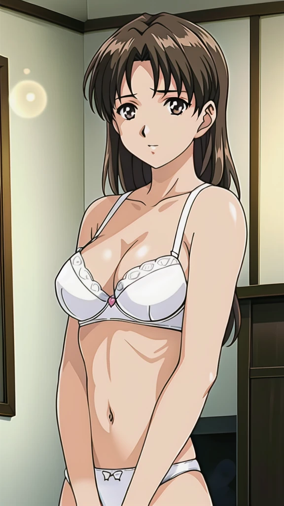 Brown Hair、Long Hair、、悲しいface、Brown Eyes 、 Full Body Style 、 normal breasts、、 narrow waist 、Bare legs、In underwear、、 upper body bra、 white bra、lower body panties ，White ribbon panties，White pumps、 official art, Extremely Fine CG Unity 8k Wallpaper, full light,  colorful , bright _ Front_face_Lighting,  shiny skin, ( masterpiece:1.0),(Highest_quality:1.0), 超 Hi-Res,4K, Ultra Detailed Photoshoot , 8k,  Hi-Res,  Hi-Res,  absurd:1.2,  Kodak Portra 400,  film grain,  blurry background, Bokeh:1.2,  lens flare , (Vibrant_ color:1.2), Professional photography, Anime Images、