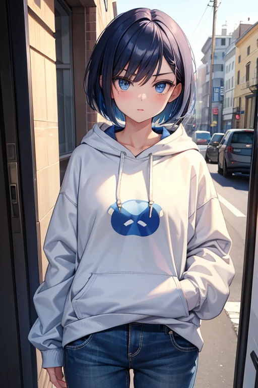  1 beautiful girl with pieces 　Shows up to the waist　 dark blue bob hair　 blue eyes　Glare　Blue and white one-size oversized baggy hoodie