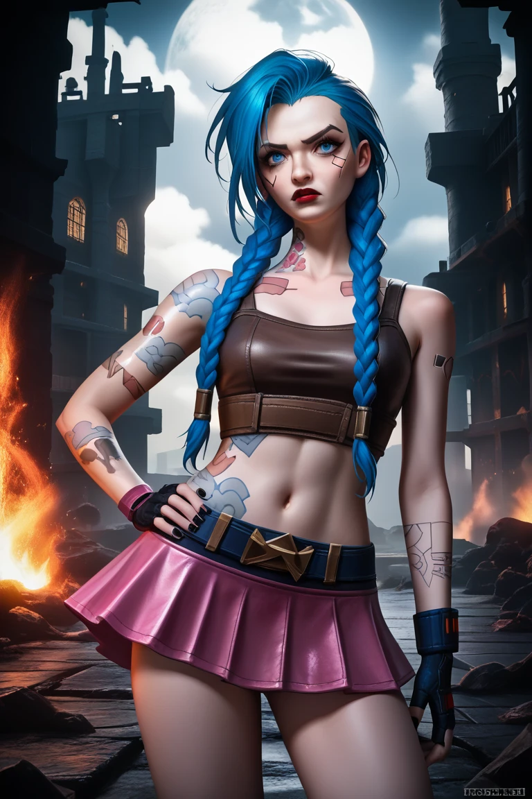 jinx arcane, uma mulher com blue hair e tatuagens,  Cyberpunk woman anime ,(pink mini skirt :1.4) ,hyper detailed, Extremely detailed, high contrast,masterpiece,realist,Ultra Detailed,  intricate details , realistic wet leather ,extremely intricate,Realistic Epic , pants,  Beautiful angry cyberpunk goddess ,  cyberpunk style, cyberpunk anime digital art , cyberpunk anime art, arcane azar Retrato, cyberpunk anime art, cyberpunk themed art, dark fantasy cyberpunk, arcane style, 1 , cloud tattoo on the arm,  asymmetric fringes, bangss, blue hair,  blue braids , brown shirt, cloud tattoo, sideways, blue hair,  long hair,  Pink eyes,  red lips, standing , cloud tattoo, twin braids. arcane azar. azar in a burning place, Spark, spheres of light, movie poster, azar, arcane\(league of legends\,  epic fantasy art , 4k fantasy art  , digital art of epic fantasy style, epic fantasy art style, Woman fantasy, epic fantasy art portrait, epic fantasy style,  hyper-realistic fantasy art , fantasy art HD,  epic fantasy art HD , epic fantasy art,  in dark fantasy art style , digital art of epic fantasy, ,( Ruined dungeon ruins background:1.4 ),( Detailed face :1.4), (perfect anatomy :1.4),(  Cinematic lighting :1.4), (azar League of legends:1.4), 8K more detailed.unreal engine:1.4,Ultra HD,La  best quality :1.4,  photorealistic :1.4, skin texture:1.4,  masterpiece :1.8, masterpiece ,  best quality ,object Object], ( detailed facial features :1.3),(The correct proportions),(beautiful blue eyes), (cowboy pose), sexy, new, hentai
