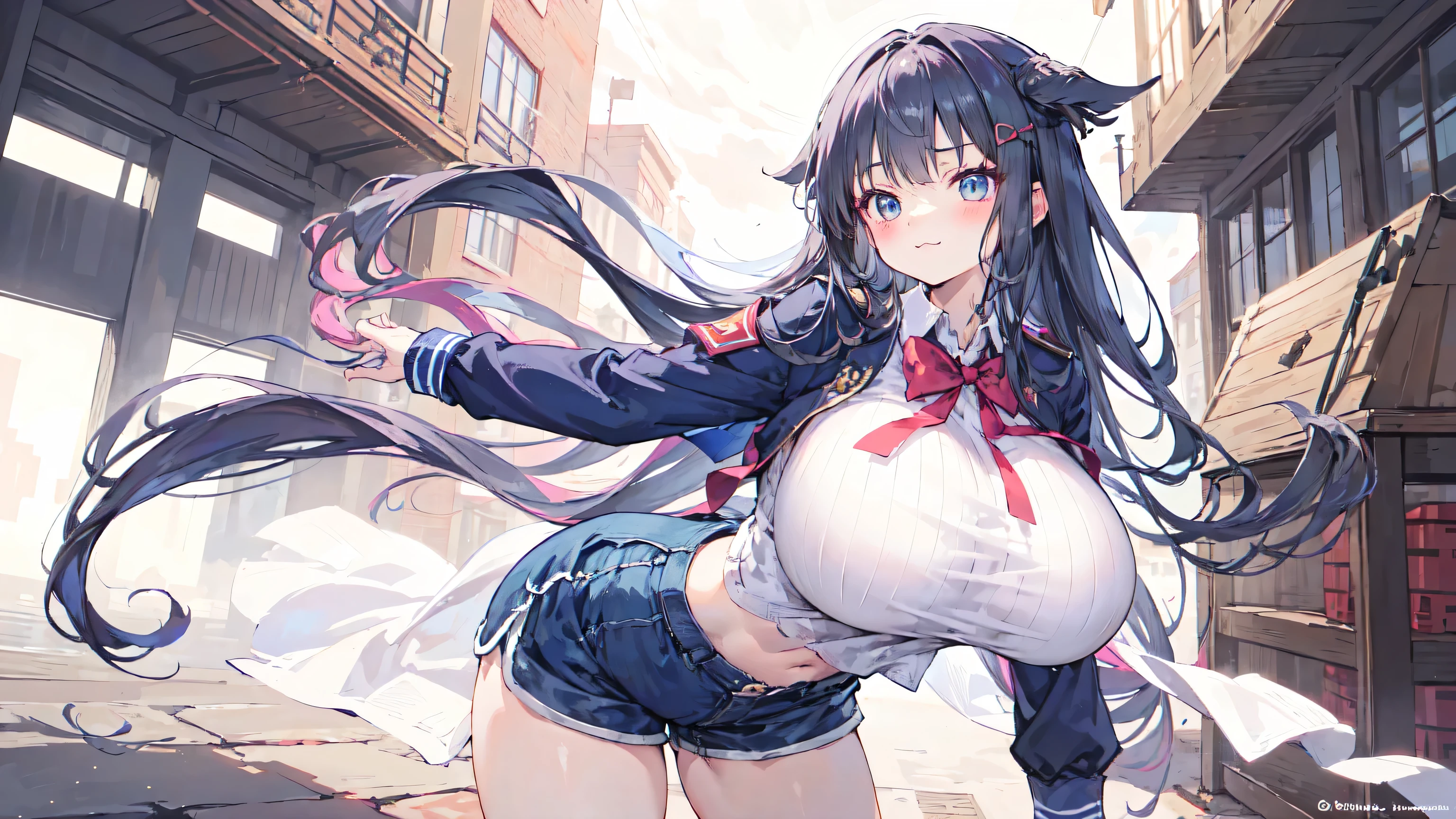 (super huge breasts:3.0,Student Uniform),(super huge breasts:3.0, high-waisted shorts ,Adventurer&#39;s Clothes),