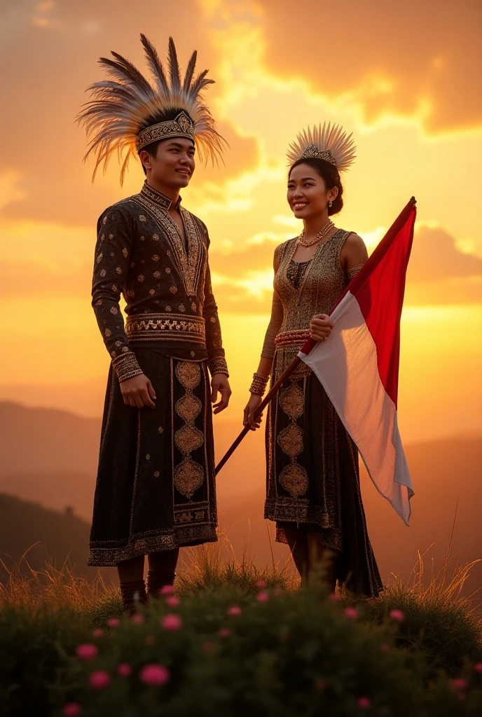 very high quality photo, a scene of independence, a woman from Indonesia is with a man wearing red and white clothes carrying a flag walking along a city street, full body, realistic, cool visual effects, looks real and perfect, UHD 64K, very sweet