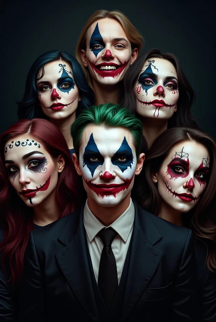 Create an image depicting an intriguing and unconventional scene of the Joker with his family. Depict the Joker in his signature chaotic style, surrounded by his loved ones. The art style should capture the essence of the Joker's character, emphasizing his distinct appearance, facial expression, and the unpredictable nature of his family dynamic. Dress the Joker in his iconic outfit, blending his eccentricity with a touch of family charm. Place them in an unexpected and contrasting setting, such as a vibrant carnival or a whimsical backdrop, to evoke a sense of irony and curiosity. Utilize unconventional lighting to enhance the eerie atmosphere and highlight the Joker's presence. The camera angle should capture the entire family, emphasizing their interactions and relationships. Opt for a 135mm+ camera lens to capture the emotions with intricate detail. Render the image in high resolution to convey the complexity of this unusual and thought-provoking family portrait.
