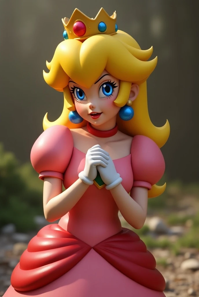 pov, princess peach, frowning, crossed arms, looking away, red wall, 3d, black table, playing cards, dim lightt