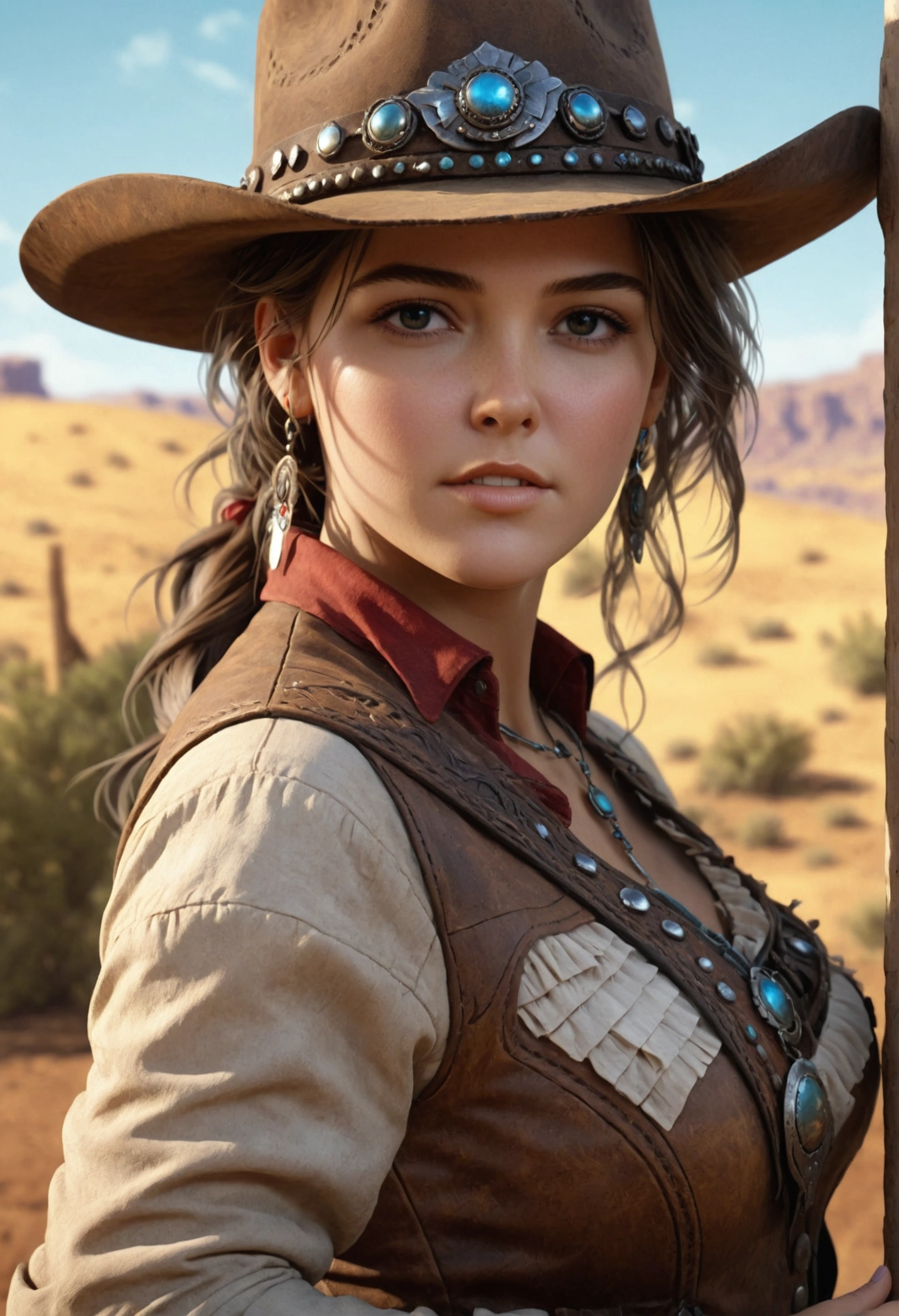 1 hyper realistic girl in Wild West clothes, fantasy art,  photorealistic ,  dynamic lighting , ArtStation,  highly detailed face , 4K, awarded,