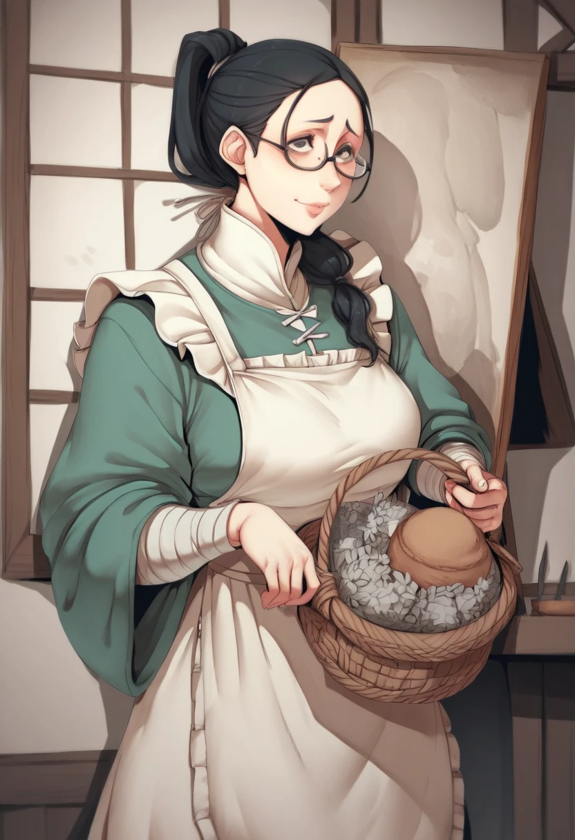 Nakamura regura face Style,Woman, black hair, glasses, hair tied up, Ponytail over the shoulder,White apron,Painting style art, medieval clothing,Big_, chubby figure, Holding a basket with both hands ,Black eyes, Full lips,shy smile
