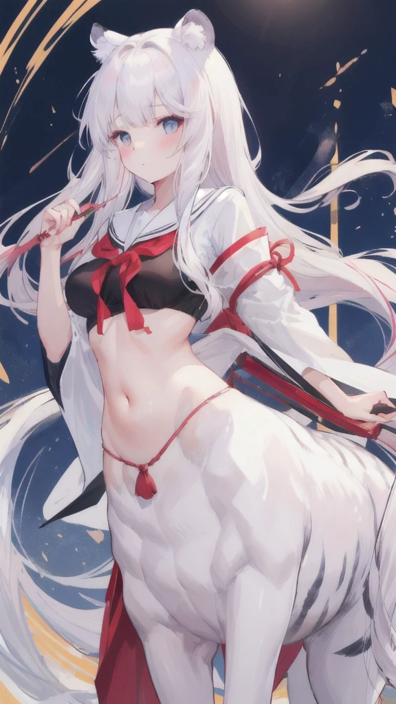 (best quality, masterpiece), 1 girl, centaur, It takes, White skin, Japanese , exposing the abdomen,belly button t-shirt, beautiful girl perfect wolf photo, perfect wolf photo