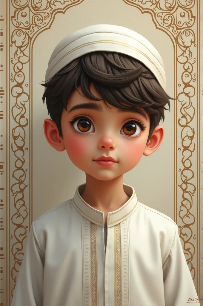 a young muslim boy, 8 years old, messy dark hair, beautiful detailed eyes,beautiful detailed lips,extremely detailed eyes and face,longeyelashes, wearing a white thobe cloth, white kufi hat, mosque interior, ornate architecture, sunlight streaming through windows, intricate details, high quality, photorealistic, masterpiece, award winning, cinematic lighting, dramatic shadows