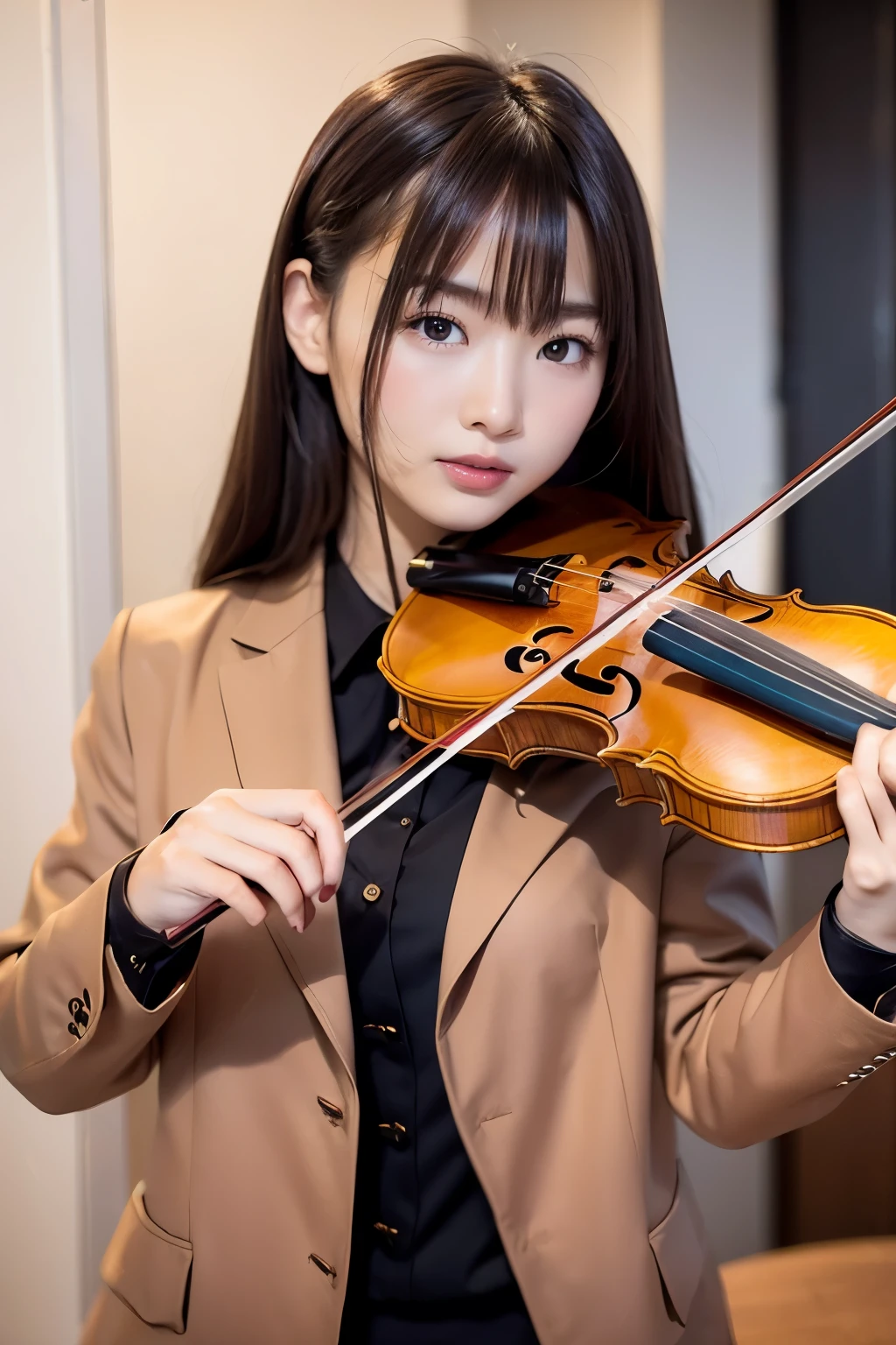 1 girl, long hair, wearing brown jacket, looking in the front, white shirt with tie, playing violin 