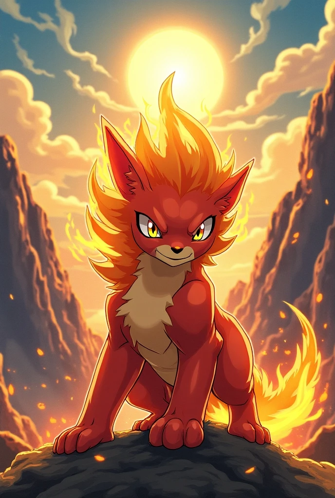 Dragon spirit, 12 years old, male, Completely luminous golden eyes, , glowing skin, anime, golden pointed red fire hair, shy smile, shirtless, sitting on a rock, black atmosphere, fiery aura, fantasy anime style.