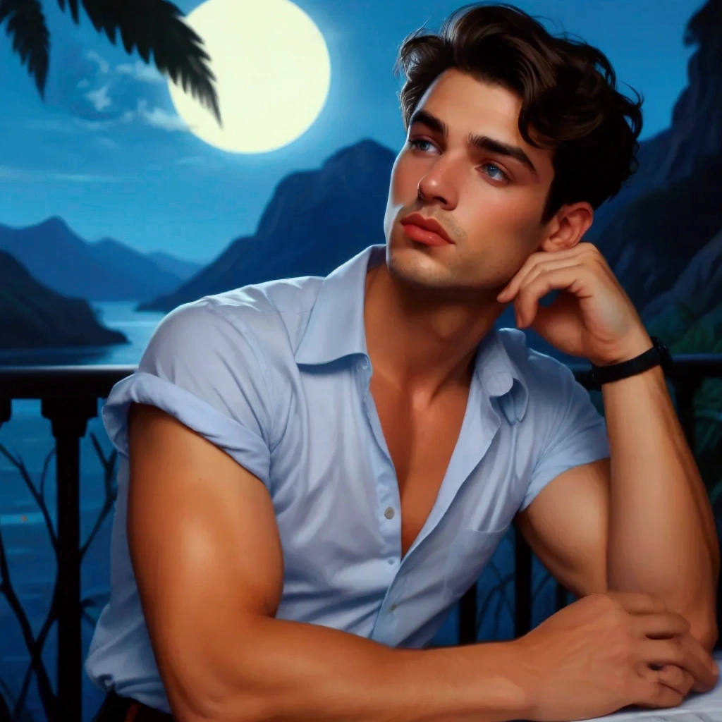 illustration that evoke stoicism men from 25 years old, shirtless, barefoot, strong, slim body Importance of Reason Style: Scientific realism, with a focus on detail and precision. Color palette: Cool, neutral tones (navy blue, gray, white) to convey clarity and objectivity. Expression: A concentrated and determined gaze, brow slightly furrowed in thought. Setting: A young strong handsomen cinnamon sking, eating salad background you can see a see a window to see the jungle in the night, full moon, river, mountain rain, thonders