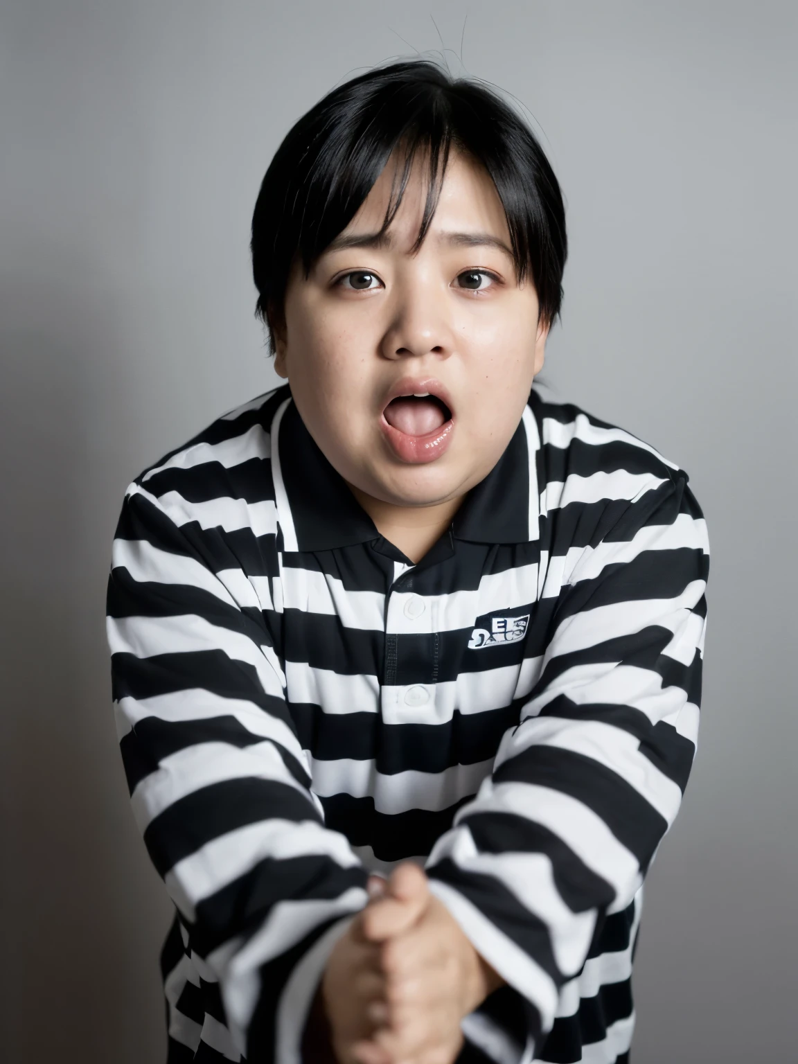 (highest quality:1.2, masterpiece:1.2), 8K, Professional Lighting, Cinematic Lighting, (1 Japanese boy), (((fat boy))), (big boy, tall boy, 16aged boy, he is high school student), (black hair, short hair, center parted hair:1.2), ((ultra realistic prisoner’s uniform, ultra detailed prisoner’s outfits, long sleeve, collared, black & white stripe clothes, foots)), (detailed eyes, perfect eyes, fine eyes, clear eyes), ((no back ground, white back ground)), ((((reaching hands to viewer, ultra realistic running to viewer, ultra detailed running to viewer)))), cowboy shot, (((((ultra realistic shut face, ultra detailed screaming face))))),