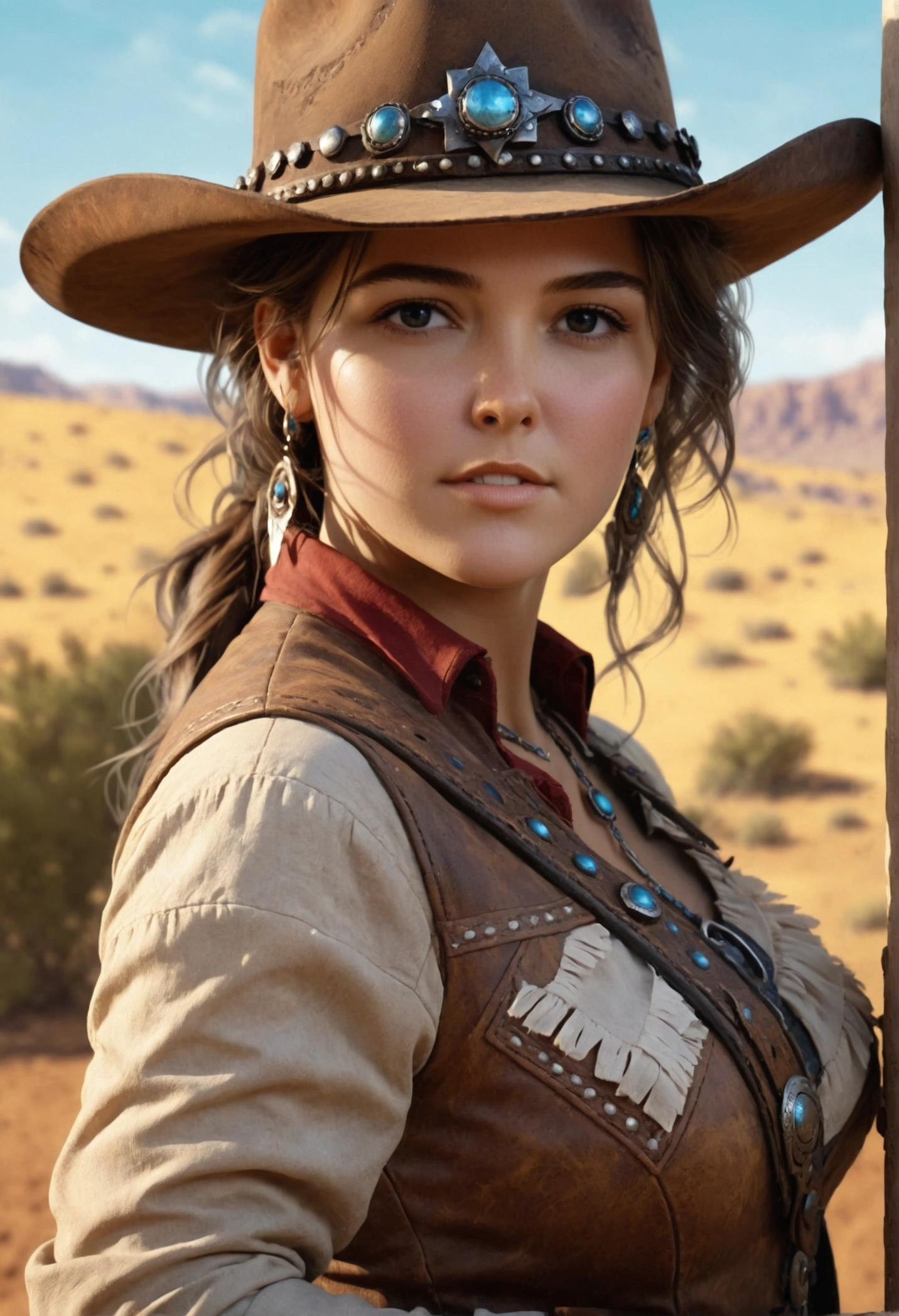 1 hyper realistic girl in Wild West clothes, fantasy art,  photorealistic ,  dynamic lighting , ArtStation,  highly detailed face , 4K, awarded,