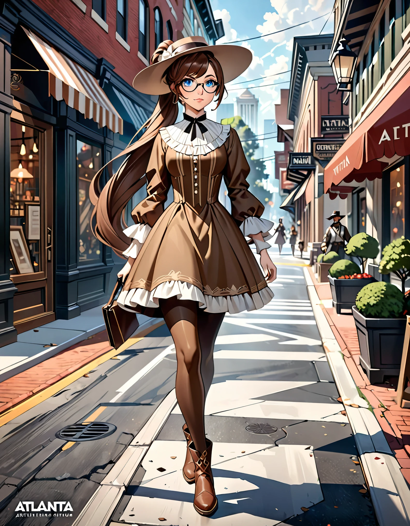 A full body shot of a woman in a brown 1850s style dress and hat, pleaded skirt, miniskirt, brown leggings, matching ankle boots, glasses, walking, street, Atlanta, in the present day, brown hair, long hair, ponytail hair, bangs, light blue eyes, stunning character art, fanart best artstation, epic exquisite character art, extremely detailed artgerm, detailed digital anime art, artgerm on artstation pixiv, 