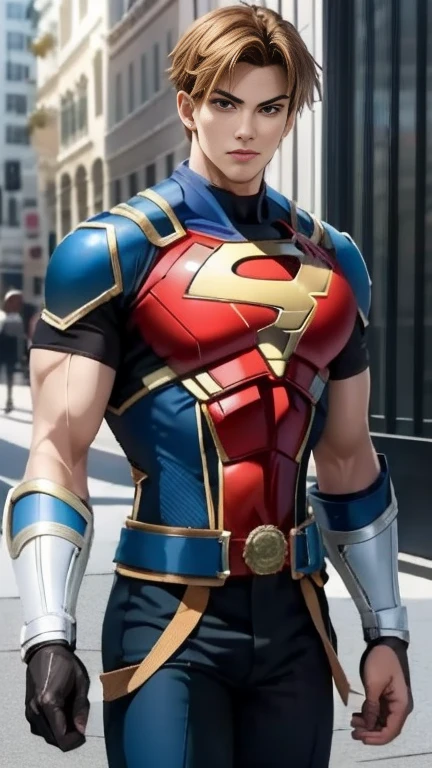 (High-definition CG), (Best Quality),   superhero with a beautiful body, Hero Costumes , Handsome and cool young man ,   Slim and Muscular  , The skin is brown,  blond hair, Frivolous