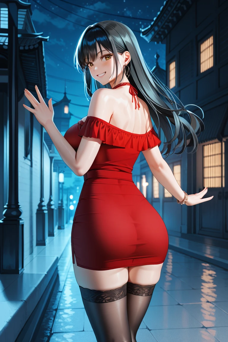  score_9,  score_8_up,  score_7_up,  score_6_up,  score_5_up,  score_4_up, Yuhee, Ultra high res ,tall , Brown Eyes ,  Black Hair , Long Hair,  big breasts at the temple,   give a red short dress,  Bare Shoulder , black stockings in a dark prison ,(Accuratehand) ,(Accurate hand) ,Thighs , viewers ,Invite ,(Seduce) ,smile ,(Waving)  ,((night) ), embarrassed face ,walking ,(Looking Back) ,night, city, outdoors 