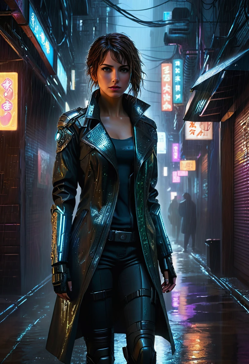 A brooding cybernetically enhanced detective, half woman half machine, stands in a rain-soaked alleyway. This image is a hyper-realistic digital painting, showcasing every rivet and circuit in intricate detail. Her metallic arm gleams in the dim light, reflecting the neon signs of a futuristic city. The shadows cling to her face, highlighting the glowing eyes and the faint hint of a grimace. The scene exudes a sense of gritty realism, drawing viewers into the dark and moody world of the anime.