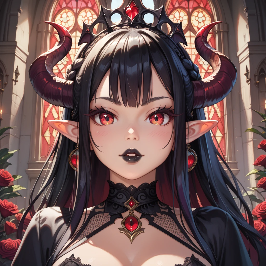 score_9, score_8_up, score_7_up, A beautifully detailed woman, succubus female, long black hair, elf ears, large eyes, red iris, long eyelashes, detailed facial features, black lipstick, demon horns, ((Gothic castle))