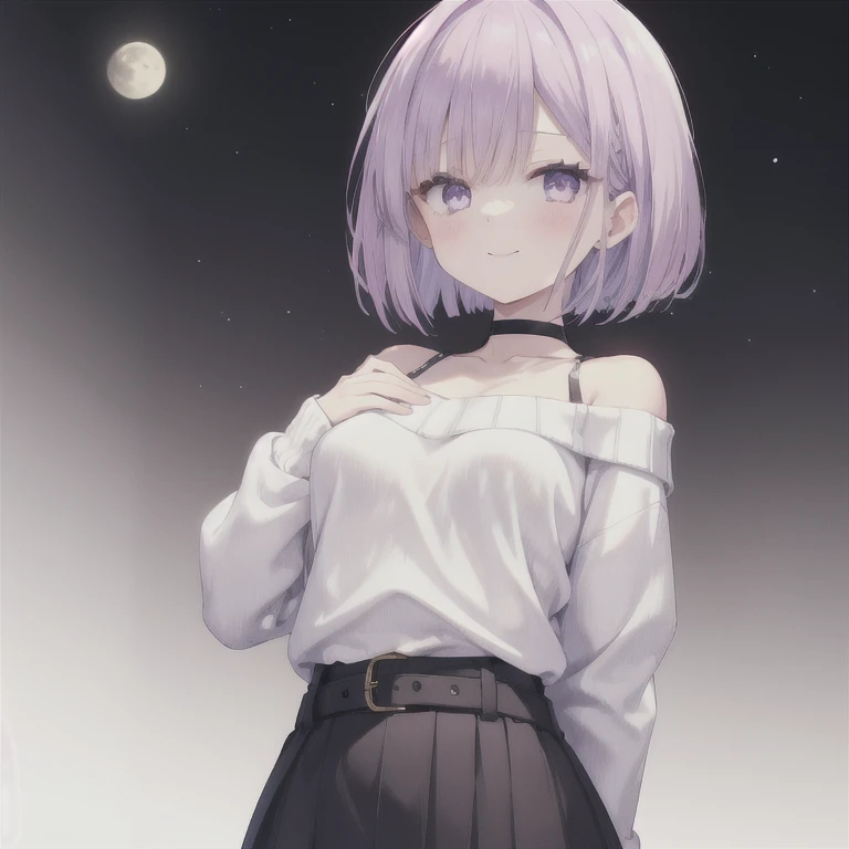   1 girl, Purple Hair,Bob Hair,   medium breasts,( white sweater:1.4),  off-shoulder sweater that bends from the waist, perfect knit sweater  ,  gray skirt  ,  black choker ,black belt,Oblique eyes, light purple eyes,  Blushing ,  close your mouth, happiness/joy,  seductive smiles from all around, Looking up, is standing,Put your hands down, hands folded behind back , Hi-Res, simple background, Around town,night,The moon is out,Best Quality,  anatomically correct, masterpiece, 