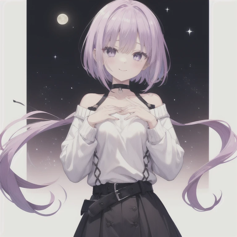   1 girl, Purple Hair,Bob Hair,   medium breasts,( white sweater:1.4),  off-shoulder sweater that bends from the waist, perfect knit sweater  ,  gray skirt  ,  black choker ,black belt,Oblique eyes, light purple eyes,  Blushing ,  close your mouth, happiness/joy,  seductive smiles from all around, Looking up, is standing,Put your hands down, hands folded behind back , Hi-Res, simple background, Around town,night,The moon is out,Best Quality,  anatomically correct, masterpiece, 