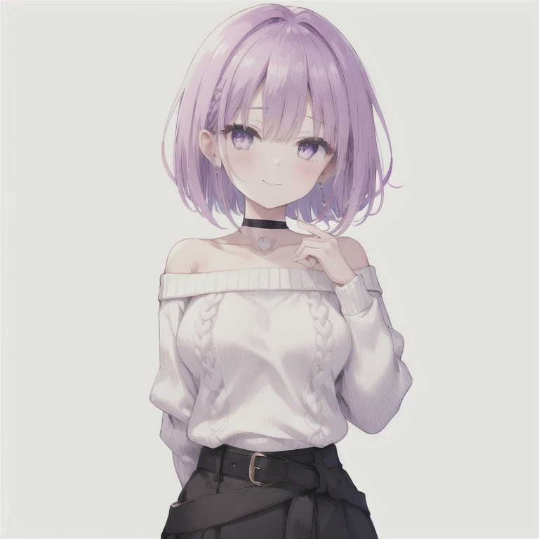   1 girl, Purple Hair,Bob Hair,   medium breasts,( white sweater:1.4),  off-shoulder sweater that bends from the waist, perfect knit sweater  ,  gray skirt  ,  black choker ,black belt,Oblique eyes, light purple eyes,  Blushing ,  close your mouth, happiness/joy,  seductive smiles from all around, Looking up, is standing,Put your hands down, hands folded behind back , Hi-Res, simple background, Around town,night,The moon is out,Best Quality,  anatomically correct, masterpiece, 