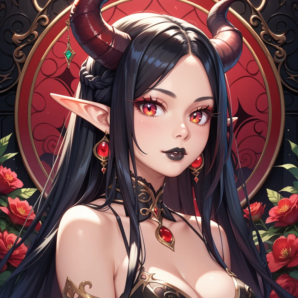 score_9, score_8_up, score_7_up, A beautifully detailed woman, succubus female, long black hair, elf ears, large eyes, red iris, long eyelashes, detailed facial features, black lipstick, demon horns, (Black intrinsic pattern background)