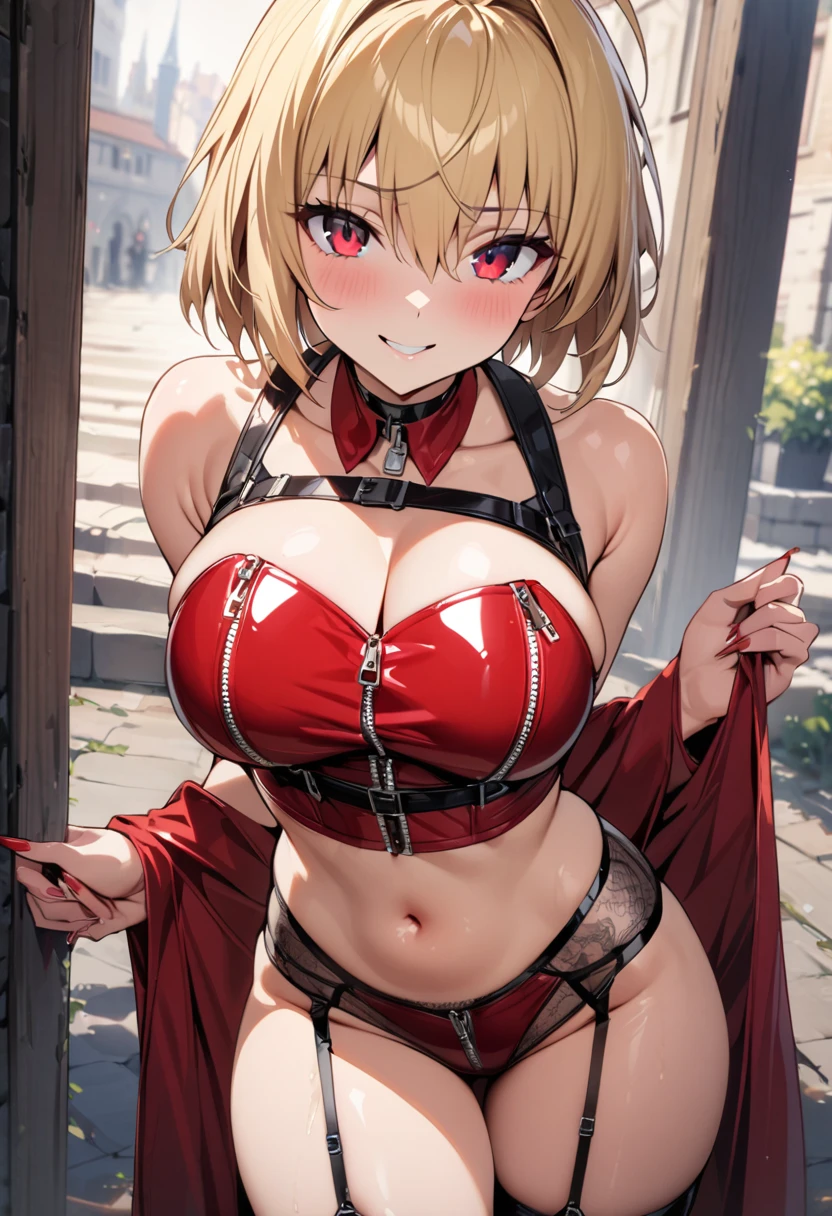 masterpiece, Best Quality , Arcueid, Red Eyes, Ruby Eyes, short hair, blond hair , 1 girl, Alone, watching viewers, hair between eyes , breast,Outdoor,tooth, smile, Long nails, sleeveless, bare shoulders, red clothes, large breasts, intake, ahoge, breasts focus, enamel panties, midriff peek, garter straps, bondage, bare thighs, latex, cleavage, cleavage cutout, navel, stomach, bare neck, collarbone, harness, choker, detached collar, zipper,