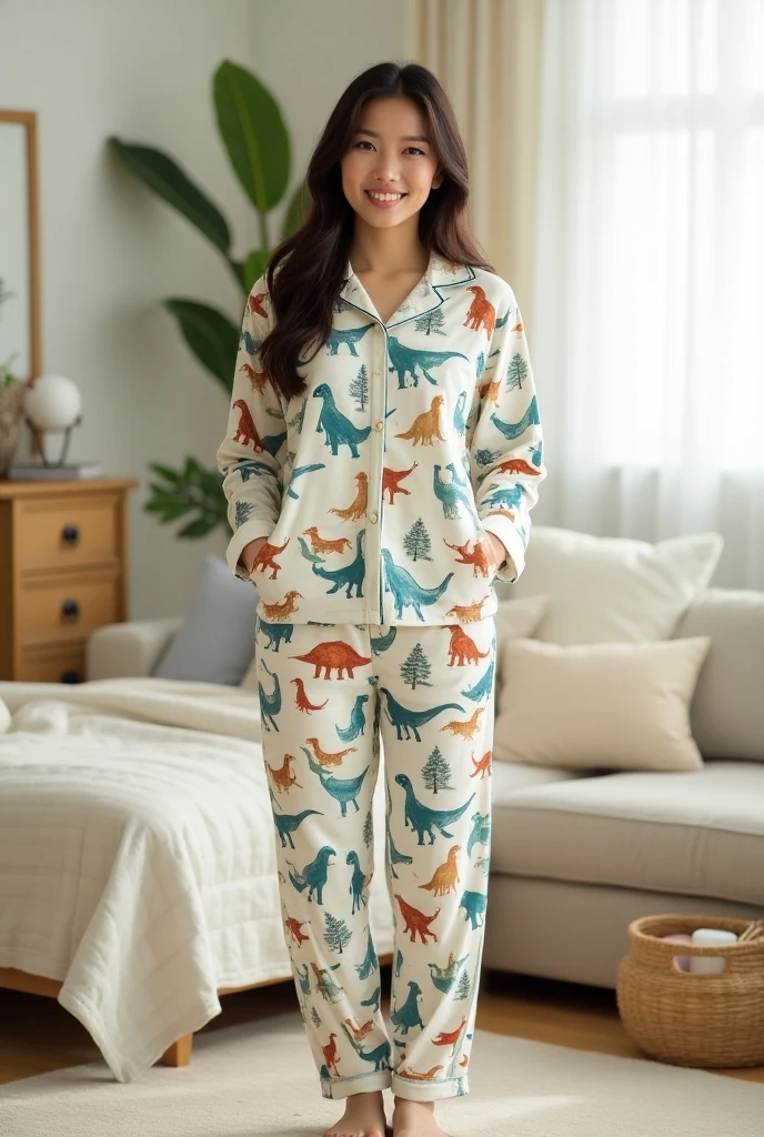 Beautiful woman with brown hair in dinosaur pajamas