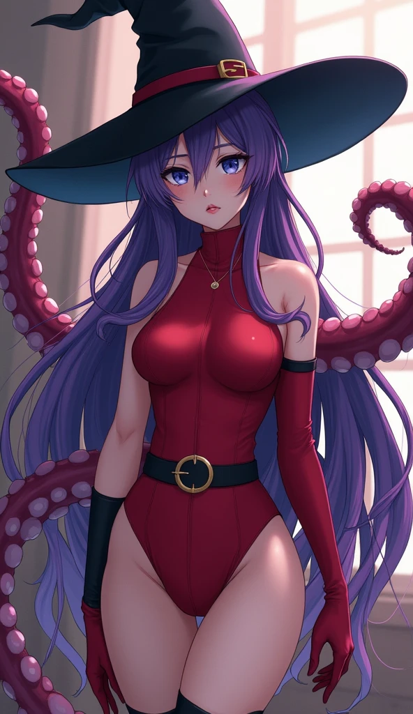 ((best quality)), ((highly detailed)), masterpiece, detailed face, beautiful face, (detailed eyes, deep eyes), (1girl), cowboy shot, <lora:ZoneTan:1>, Zone-Tan, purple hair, medium hair, spiral pony tail, blue eyes, mischievous smile, skull hair ornament, purple off-shoulder sweater, long sleeves, collarbone, thighhighs, ((tentacles))