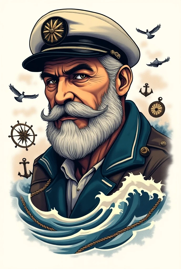 Create a highly detailed woodcut illustration of a portrait of an old lighthouse keeper. The keeper should be depicted wearing a captain's hat,with a white beard and crazed eyes. He should be smoking a pipe,with smoke billowing around him. The illustration should feature a close-up view,emphasizing the details of his face and expression. Use thick line outlines and rich texture detail to enhance the woodcut aesthetic. Incorporate elements of etching and letterpress for additional texture and depth. Keep the illustration in black and white for a vintage feel and flat illustration style. Emphasize minimalism while still capturing the essence of the character and his surroundings,