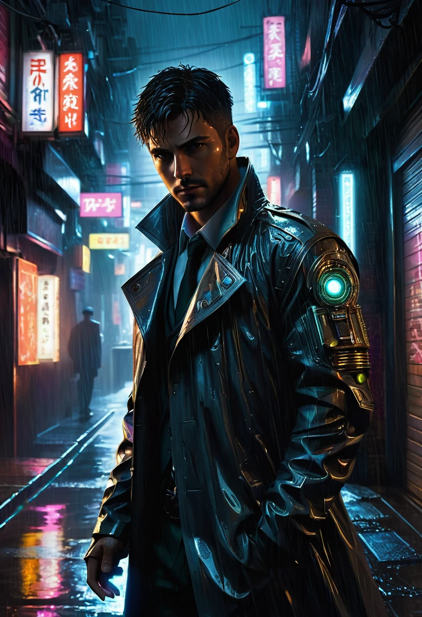 A brooding cybernetically enhanced detective, half Man half machine, stands in a rain-soaked alleyway. This image is a hyper-realistic digital painting, showcasing every rivet and circuit in intricate detail. His metallic arm gleams in the dim light, reflecting the neon signs of a futuristic city. The shadows cling to his face, highlighting the glowing eyes and the faint hint of a grimace. The scene exudes a sense of gritty realism, drawing viewers into the dark and moody world of the anime.