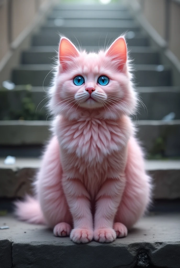  Close-up image of a fluffy, furry cat with a beautiful pink coat, with beautiful and bright blue eyes   ,   as close to the camera , focus on the eyes,  artwork, Surreal, 8k, Depth Blur, He is sitting on a rung of a long and beautiful stone staircase