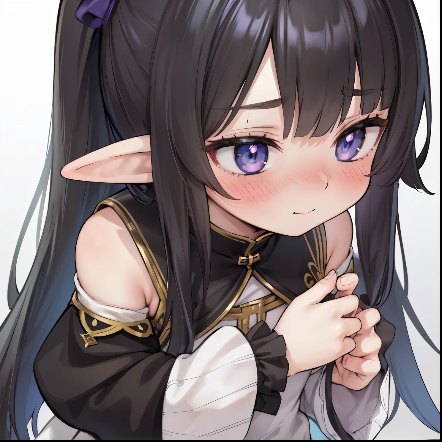 8K,(masterpiece),high resolution,best quality,(ultra-detailed),ultra detailed eyes,girl is elf,(black color hair:1.1),(inner hair color is white:1.5),BREAK,(light smile,earth eyes,long hair,elf ear,fair skin),(wear fantasy wide sleeves,short pants:1.2),(blush,embarrassed,aroused:1.4),(from front,focus face,white background)
