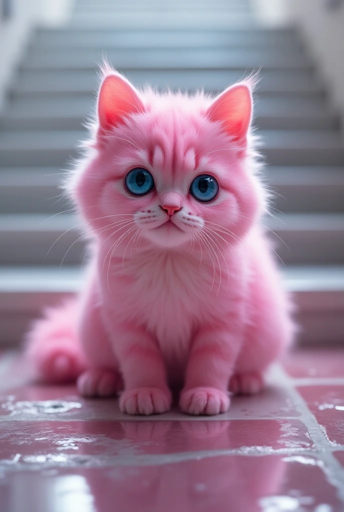  Close-up image of a fluffy, furry cat with a beautiful pink coat, with beautiful and bright blue eyes   ,   as close to the camera , focus on the eyes,  artwork, Surreal, 8k, Depth Blur,  he is sitting on a rung of a long and beautiful marble staircase, puddles of water surrounding 