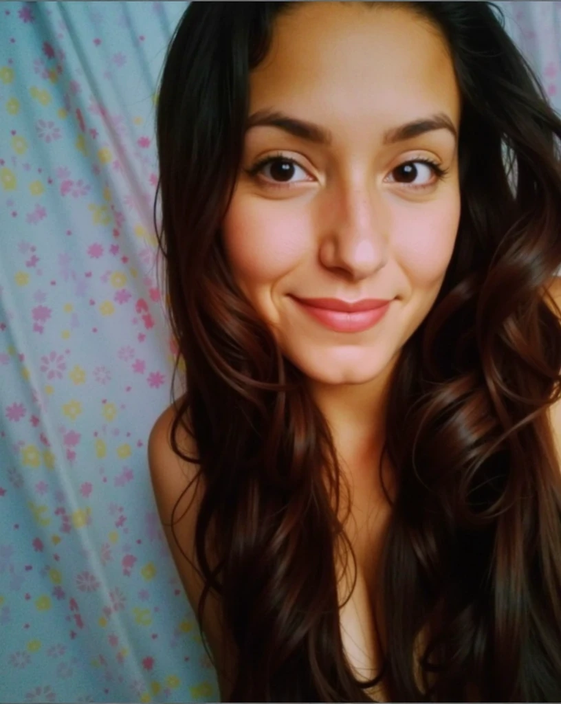 photorealistic, sharp focus, raw photo, photo, beautiful 20 y.o latina-spanish girl, , detailed skin poreace texture, pores, (goosebumbs:0.7), photorealistic, beautiful 20 y.o latina-spanish girl, in bed selfie, wearing white shirt, smiling towards the camera, nice body, looking at camera, angle taken from lifted right hand on an iphone 14 camera, messy hair in bed