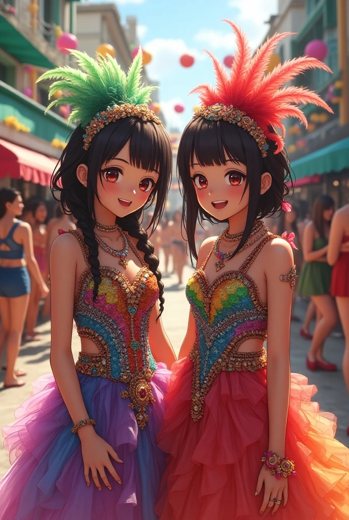 masterpiece, best quality, 2girls, , (petite), cowboy shot,
 happy, standing, (wearing samba dance dress), dress lift, open clothes, flat chest, nipple slip, nipples, carnival party, outdoor,