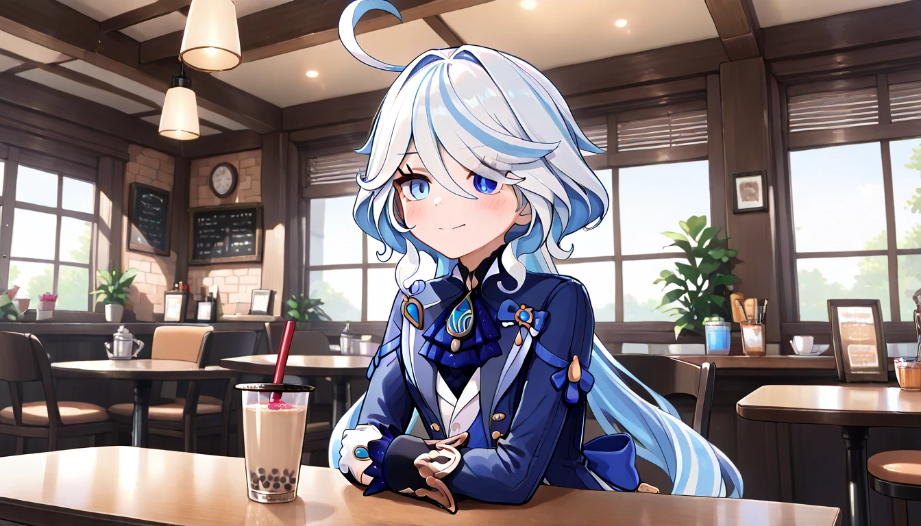 ((top quality)),((masterpiece)),((perfect face)),(ultra-detailed),ultra high res, 8k, 1girl, furina (genshin impact), bubble tea, cafe, white hair, exquisite, (very aesthetic:1.2), (absurdres:1.2), (detailed background),newest, perfect anatomy, 