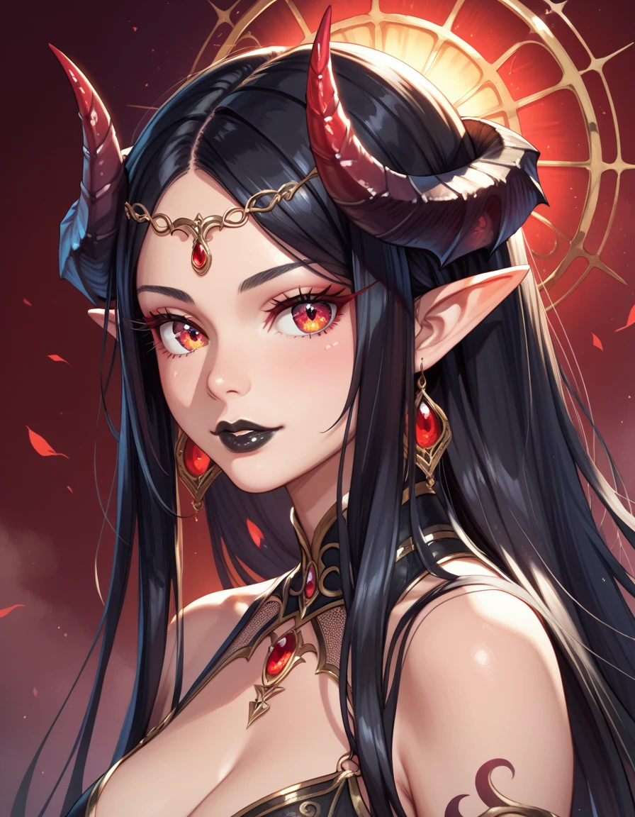 score_9, score_8_up, score_7_up, A beautifully detailed woman, succubus female, long black hair, elf ears, large eyes, red iris, long eyelashes, detailed facial features, black lipstick, demon horns, (((Black intrinsic background)))