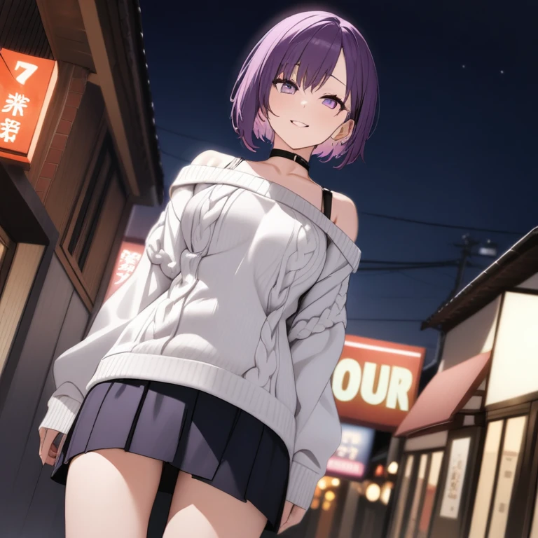   1 girl, Purple Hair,Bob Hair,    medium breasts,(  white sweater:1.4),   Off Shoulder Sweaters, perfect knit sweater   ,   gray skirt   ,  black choker  ,black belt,Oblique eyes,  light purple eyes,   close your mouth, happiness/joy,   Seductive Smile ,  look up ,  is standing,Put your hands down,  fold your hands on your back , Look in from an angle,Bend your waist,slouch, simple background, Around town, night ,The moon is out,Best Quality,   anatomically accurate , masterpiece, 