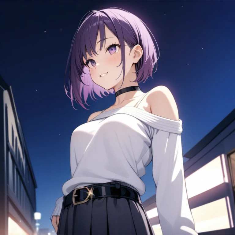   1 girl, Purple Hair,Bob Hair,    medium breasts,(  white sweater:1.4),   Off Shoulder Sweaters, perfect knit sweater   ,   gray skirt   ,  black choker  ,black belt,Oblique eyes,  light purple eyes,   close your mouth, happiness/joy,   Seductive Smile ,  look up ,  is standing,Put your hands down,  fold your hands on your back , Look in from an angle,Bend your waist,slouch, simple background, Around town, night ,The moon is out,Best Quality,   anatomically accurate , masterpiece, 