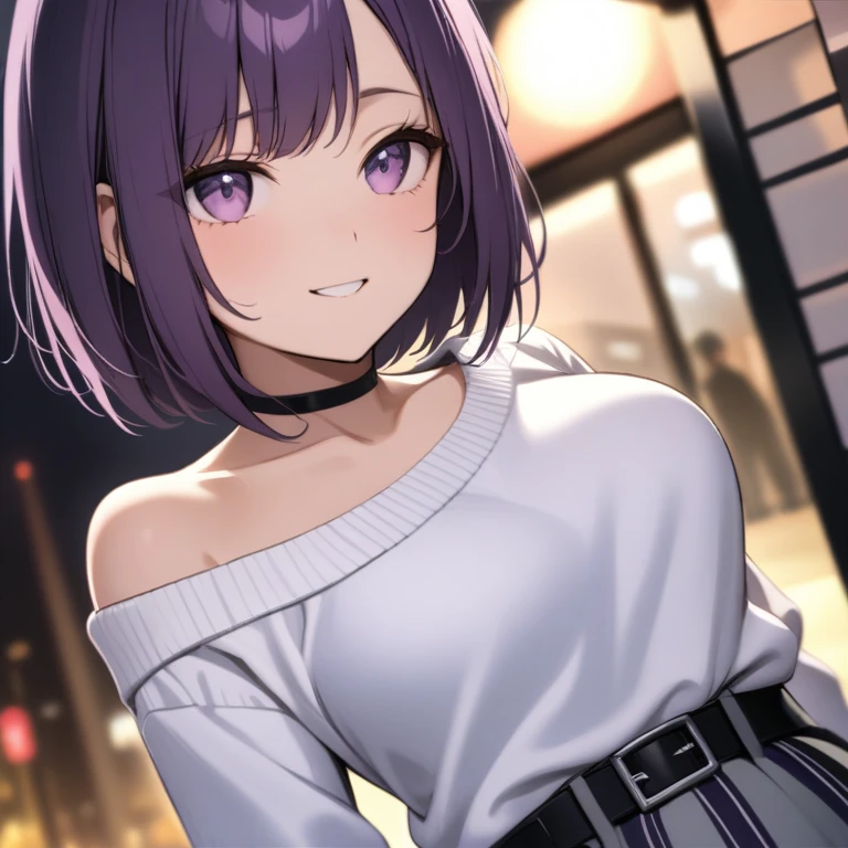   1 girl, Purple Hair,Bob Hair,    medium breasts,(  white sweater:1.4),   Off Shoulder Sweaters, perfect knit sweater   ,   gray skirt   ,  black choker  ,black belt,Oblique eyes,  light purple eyes,   close your mouth, happiness/joy,   Seductive Smile ,  look up ,  is standing,Put your hands down,  fold your hands on your back , Look in from an angle,Bend your waist,slouch, simple background, Around town, night ,The moon is out,Best Quality,   anatomically accurate , masterpiece, 