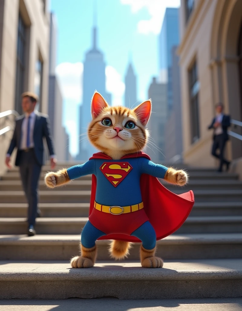 3D animation, New York city skyline, a comical scene of a cat dressed as Superman posing enthusiastically on a stone staircase, blurred businessmen passing through the building entrance in the background, 8K quality