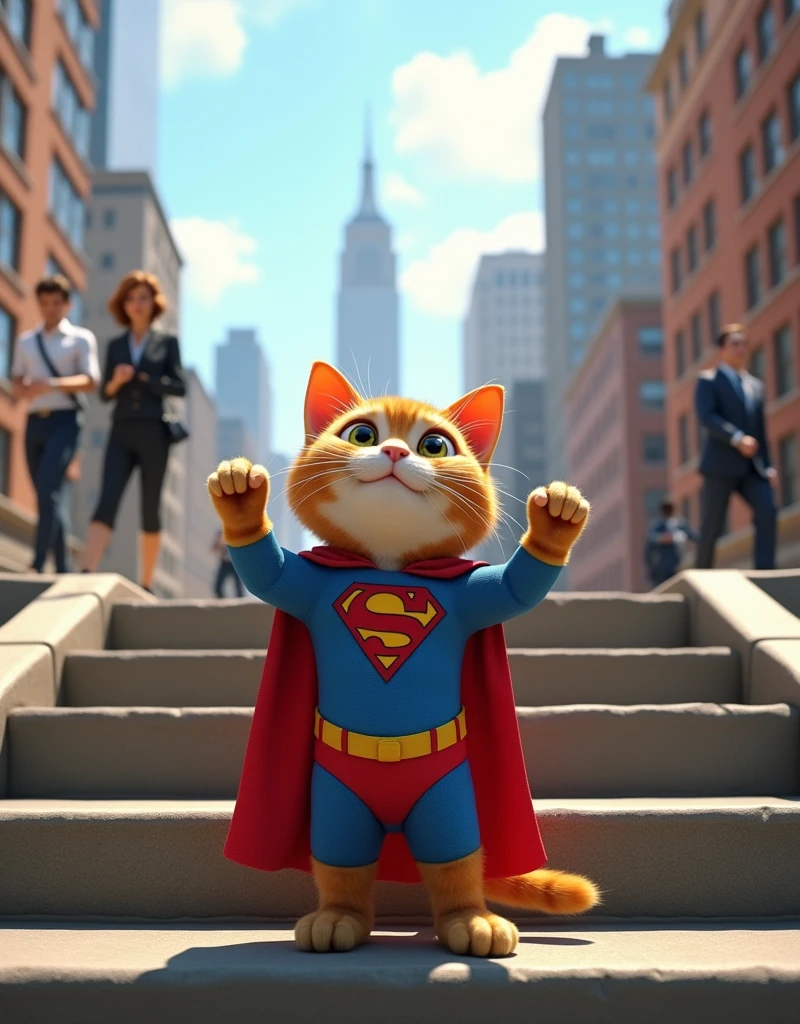 3D animation, New York city skyline, a comical scene of a cat dressed as Superman posing enthusiastically on a stone staircase, blurred businessmen passing through the building entrance in the background, 8K quality