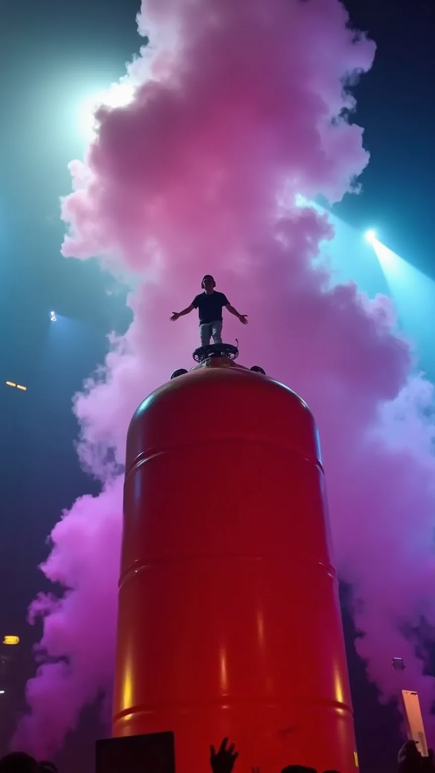 Cinematic 8K shot of a colossal orange butane gas cylinder (Spanish-style gas bottle) towering like a monumental structure, with a tiny DJ performing at its summit. The DJ appears miniature in comparison, standing triumphantly on top of the giant gas cylinder's valve, wearing professional headphones and surrounded by professional DJ equipment. Epic atmospheric scene with colorful smoke swirling around the massive cylinder - vibrant purples, blues, and pinks creating a dreamlike atmosphere. Dynamic concert lighting with powerful beams cutting through the smoke, creating dramatic light rays and reflections on the metallic surface of the giant gas cylinder. The cylinder's orange color glows warmly against the colored smoke. Shot from a slight low angle to emphasize the monumental scale, shallow depth of field, photorealistic details. Professional concert photography style, captured on RED camera, dramatic lighting with strong contrast, moody atmosphere. The scene has a surreal, album-cover quality with perfect balance between realism and fantasy