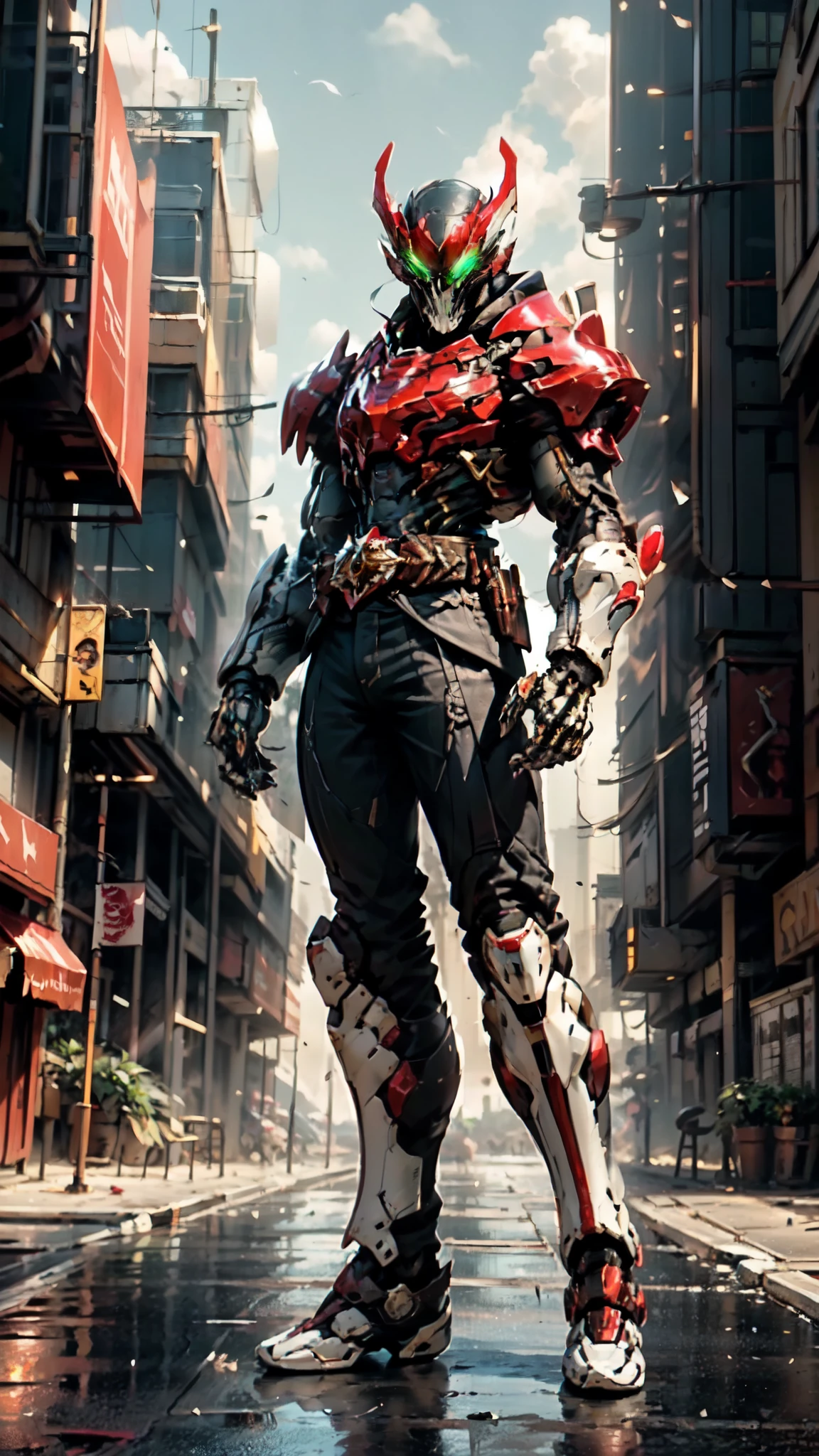 (masterpiece:1.5, best quality:1.5, extremely delicate:1.5), ((male:1.5)), a man wearing a full-face helmet, green eyes, fantasy-style high-tech biomimetic armored combat suit, (a composite layered chest armor), the design balances heavy with agility, fully enclosed shoulder guards, matching arm and leg guards, a belt of gemstone, (the color scheme is primarily White with Golden and Red accents, Organic Biotech, Concept Inspired by Skull, glowing eyes, armor glows, stand of a futuristic sci-fi city), this character embodies a finely crafted fantasy-style armored hero in anime style, exquisite and mature art style, metallic, high definition, highres, ultra-detailed, ultra-fine painting, professional, perfect body proportions, golden ratio, anatomically correct, symmetrical face, extremely detailed eyes and face, high quality eyes, creativity, RAW photo, UHD, 32k, Natural light, cinematic lighting, masterpiece-anatomy-perfect