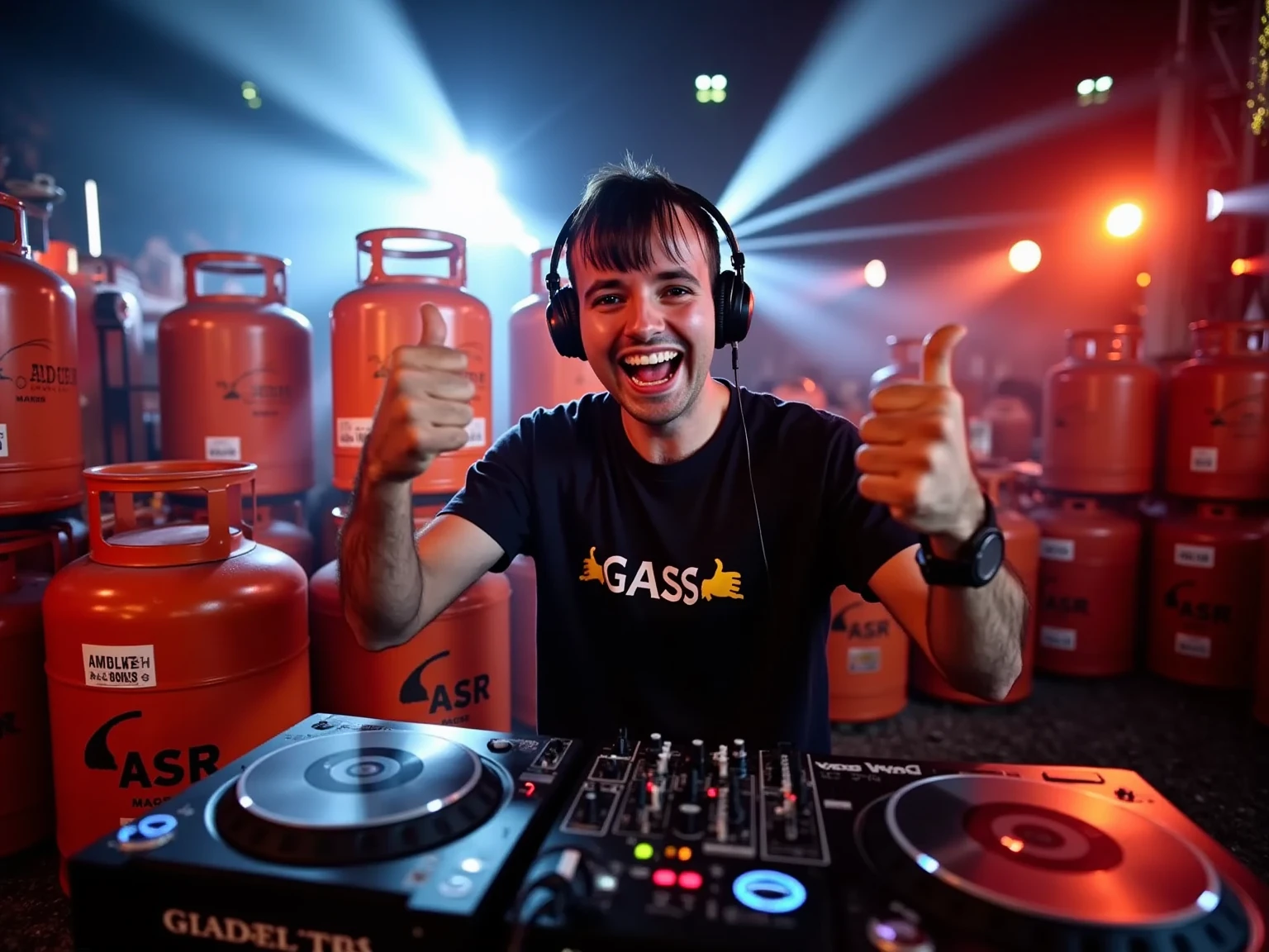 A cinematic shot of an energetic DJ performing on a spectacular stage, captured in hyperrealistic 8K detail. He's wearing professional DJ headphones and raising both fists with devil horns gesture (pinky and thumb extended), displaying a wide genuine smile. The stage is surrounded by multiple orange butane gas cylinders (Spanish-style gas bottles) arranged dramatically as part of the stage design, their metallic surfaces reflecting the dynamic stage lights. Epic concert lighting with vibrant beams, smoke effects, and lens flares adds atmosphere. The DJ is wearing trendy clothing and is captured from a slightly low angle to appear heroic. Professional concert photography style, shot on Sony A7SIII, dramatic lighting, shallow depth of field, high contrast, moody atmosphere. The gas cylinders create unique reflections and shadows from the stage lights, giving an industrial yet spectacular aesthetic. Photorealistic details in the DJ's expression, clothing textures, and equipment on the DJ booth.