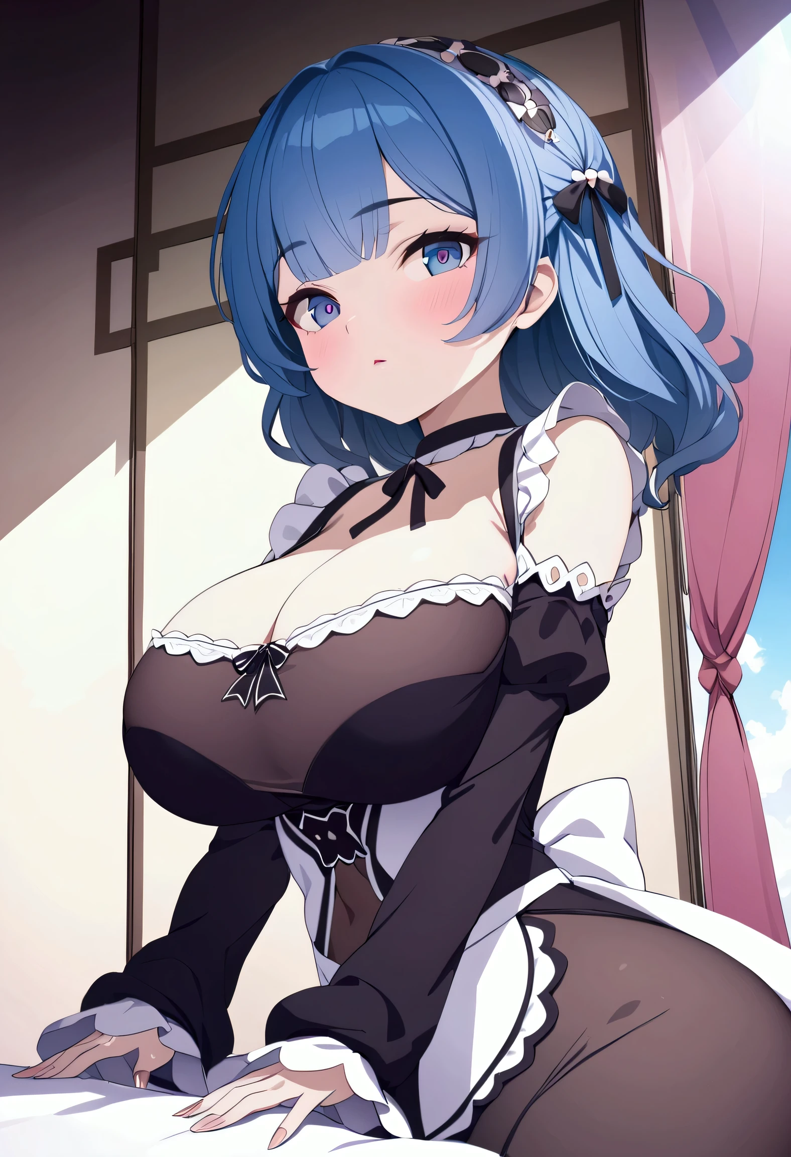 (( masterpiece ,  Best quality:1.3)), ultra detailed,  8k unity , CG,  ray tracing , illustration, striking, cinematic shadow,  extremely detailed and beautiful background , extremely detailed and beautiful eyes, HD video , VRay shading ,RT, 1milf, (mature body)   a character with short blue hair with bangs ,  wearing a black and white maid outfit with ruffles on the edges .  The character has purple accents on the bottom of the skirt and a matching bow on the back .  The outfit includes a white apron tied at the front , puffed sleeves and a collar with a bow .  The character is standing in a pose with one hand raised as if he were holding something and wearing something black shoes.  The background is simple to emphasize the character .( big breasts),(wide waist), ((big ass:1.2)), 