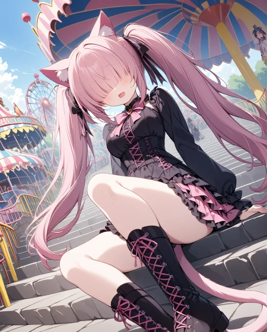 1girl,dramatic angle,reclining,cat on stone steps,
,skin fang,(no eyes,hair over eyes,pink hair,long hair,twintails),(cat ears,cat tail),Pink bow,(jiraikei (Pink Gothic Ta:1.3)),Lace-up boots,medium breasts,amusement park,stone steps