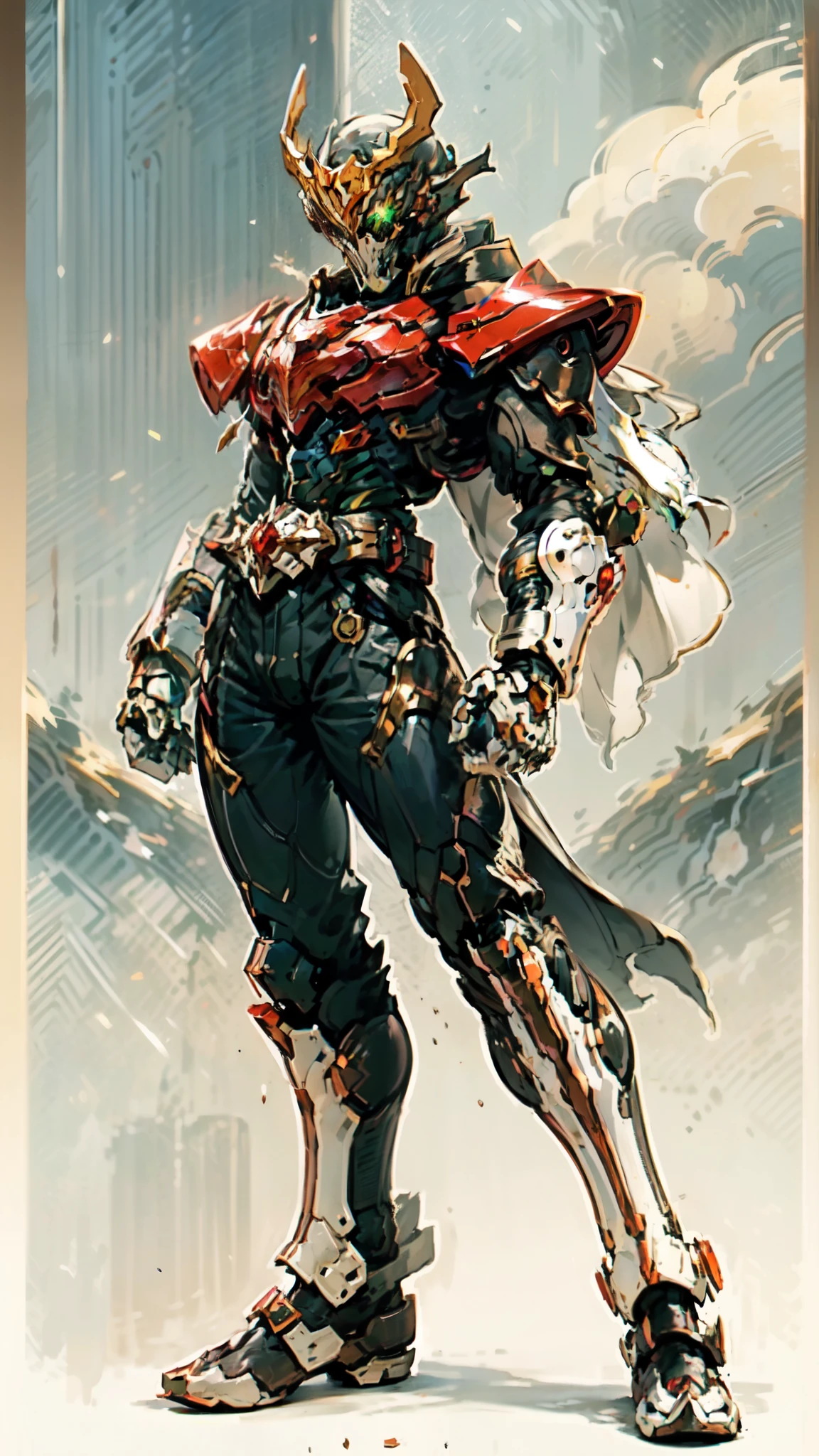 (masterpiece:1.5, best quality:1.5, extremely delicate:1.5), ((male:1.5)), a man wearing a full-face helmet, green eyes, fantasy-style high-tech biomimetic armored combat suit, (a composite layered chest armor), the design balances heavy with agility, fully enclosed shoulder guards, matching arm and leg guards, a belt of gemstone, (the color scheme is primarily White with Golden and Red accents, Organic Biotech, Concept Inspired by Skull, glowing eyes, armor glows, stand of a futuristic sci-fi city), this character embodies a finely crafted fantasy-style armored hero in anime style, exquisite and mature art style, metallic, high definition, highres, ultra-detailed, ultra-fine painting, professional, perfect body proportions, golden ratio, anatomically correct, symmetrical face, extremely detailed eyes and face, high quality eyes, creativity, RAW photo, UHD, 32k, Natural light, cinematic lighting, masterpiece-anatomy-perfect